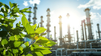 chemical distrubition plant in background with greenery at the front of the camera