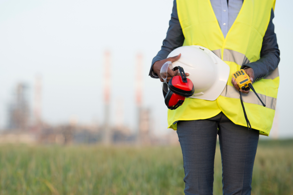 chemical worker holding hard hat and ear protection