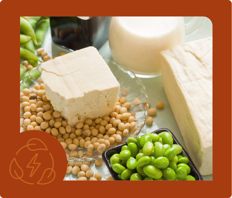 block of tofu sitting ontop bed of nuts and edamame next to it