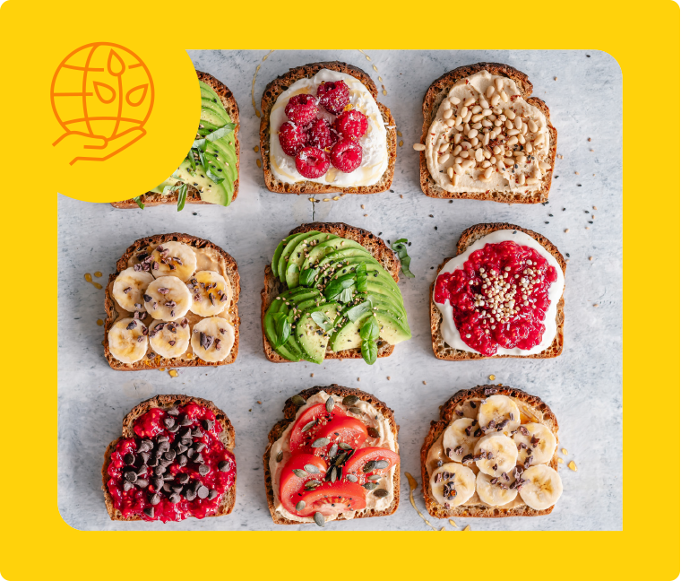 9 different toasts with various toppings