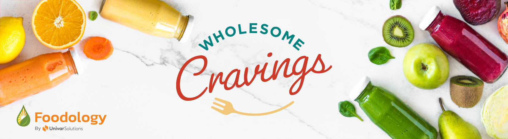 Healthier beverages on a table with the Wholesome Cravings and Foodology by Univar Solutions logos