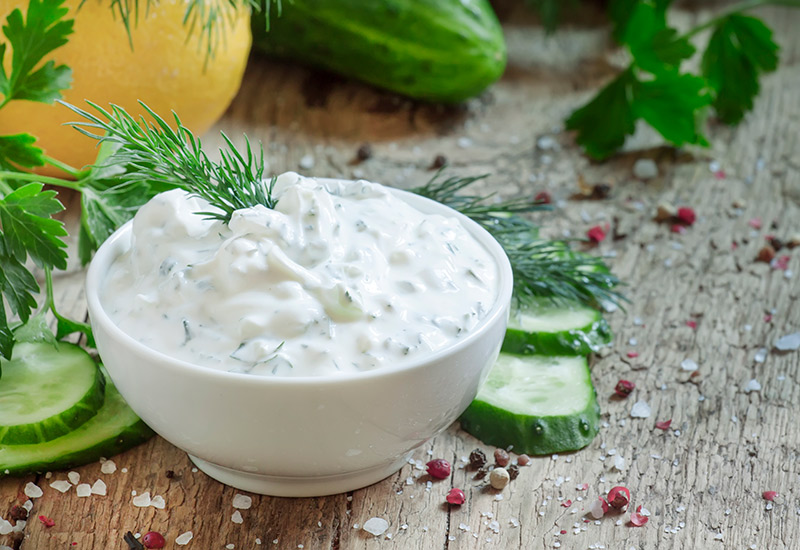 A bwol of cucumber and tapioca dip