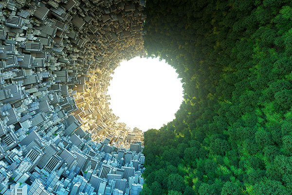 A circular overhead shot of a city and a forest