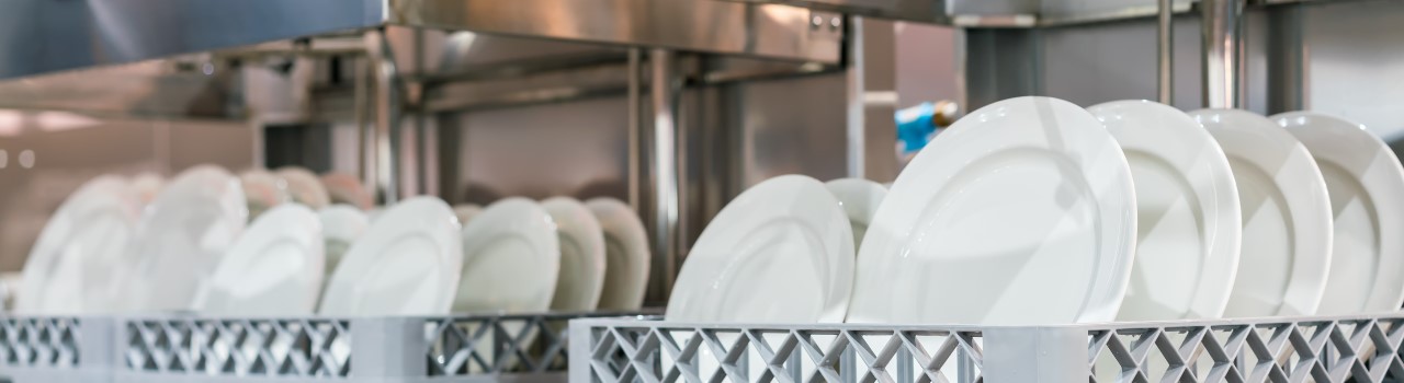Clean dishes sit on a rack in the kitchen of a restaraunt