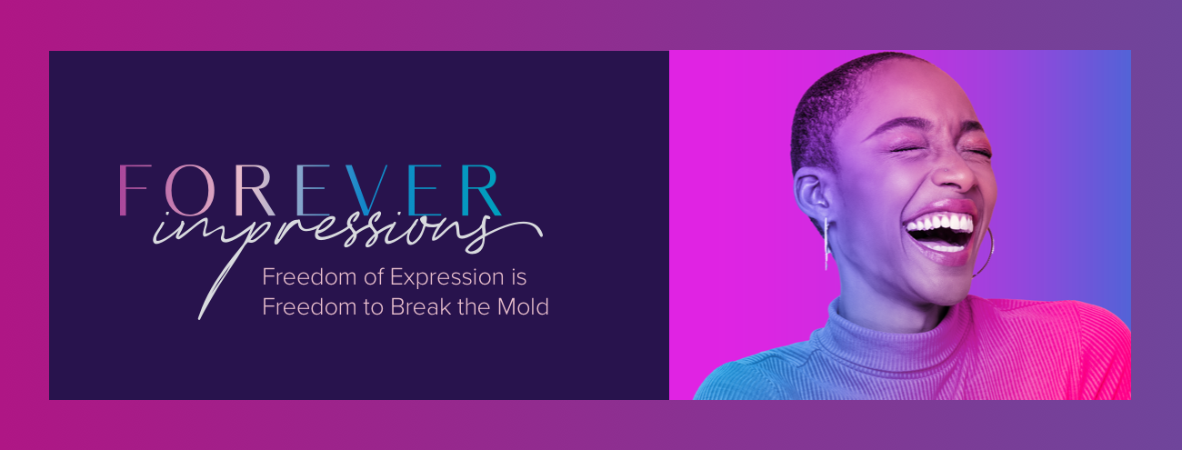 Forever impressions banner with a smiling woman with vibrant background